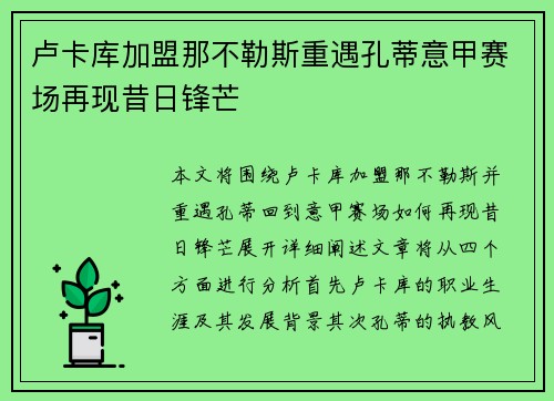 卢卡库加盟那不勒斯重遇孔蒂意甲赛场再现昔日锋芒